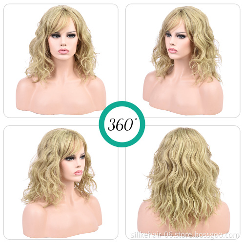 Daily Use Heat Resistant Blonde Vine Purple Pink Black Silky Curly Wig For Women Synthetic Short Water Wavy Wigs With Bangs